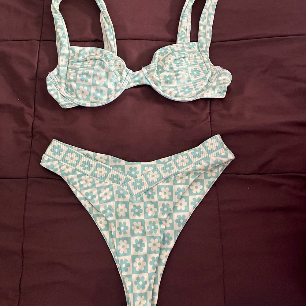 Blue and White Bikini Set with Adjustable Straps